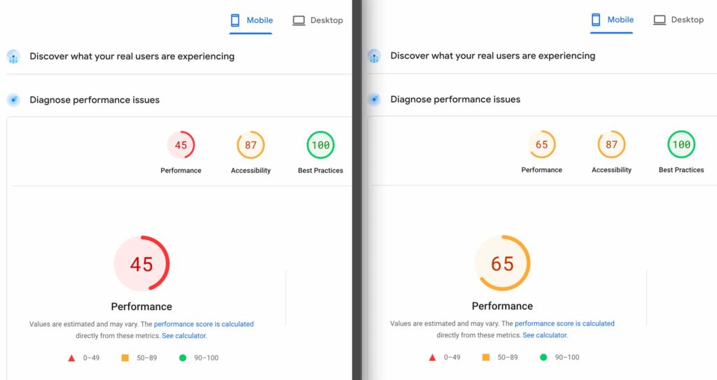 before and after pagespeed